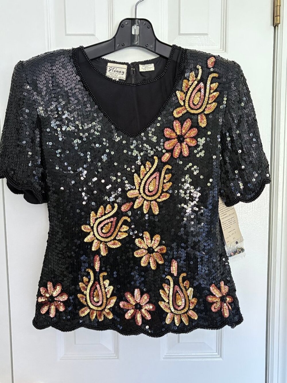 Vintage Stenay Silk Beaded Sequin Top Floral Paisley Black Medium Statement